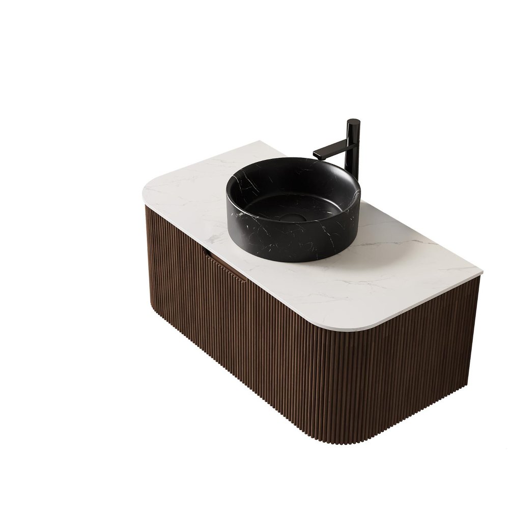 36" Brown Wood Floating Bathroom Vanity With Black Sink