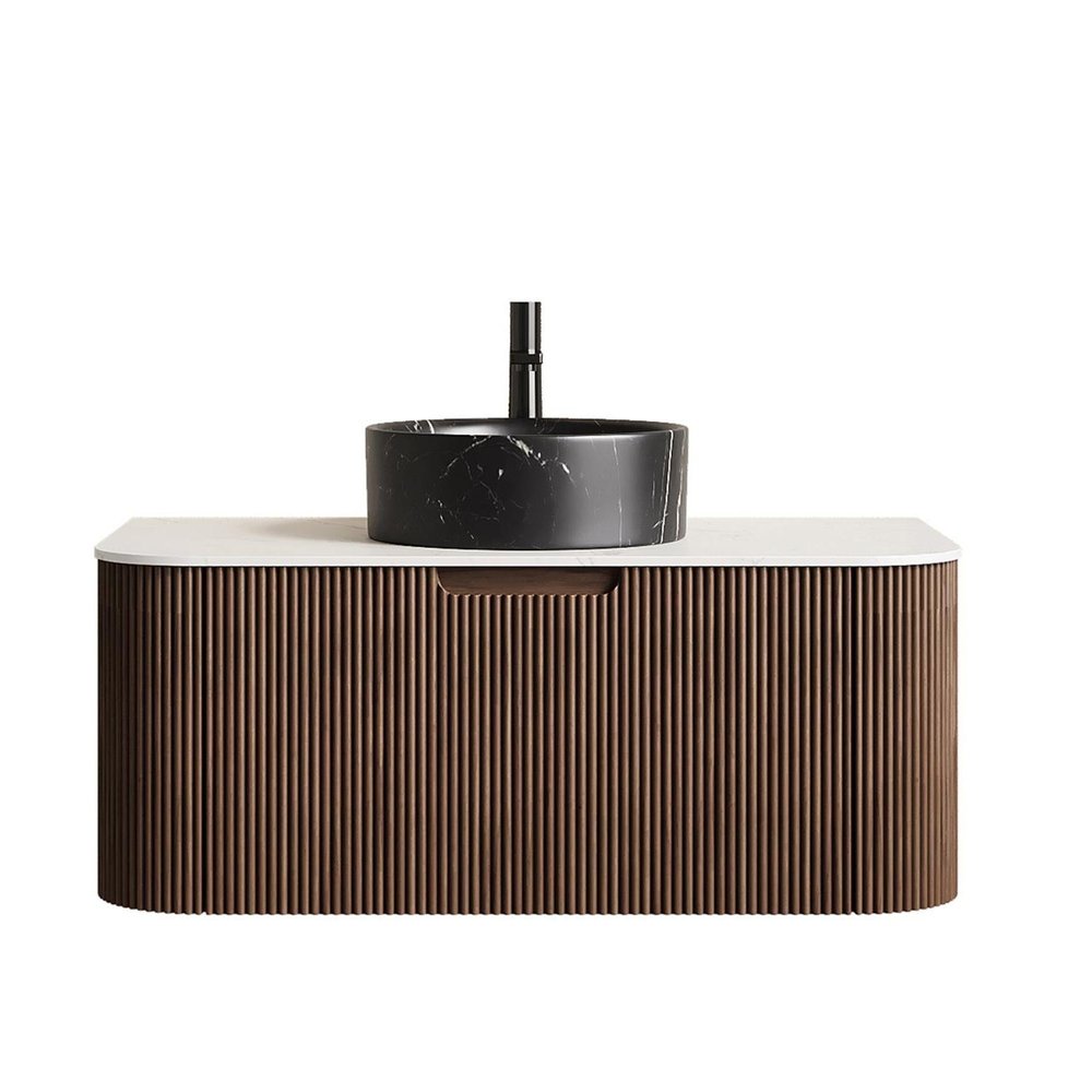 36" Brown Wood Floating Bathroom Vanity With Black Sink