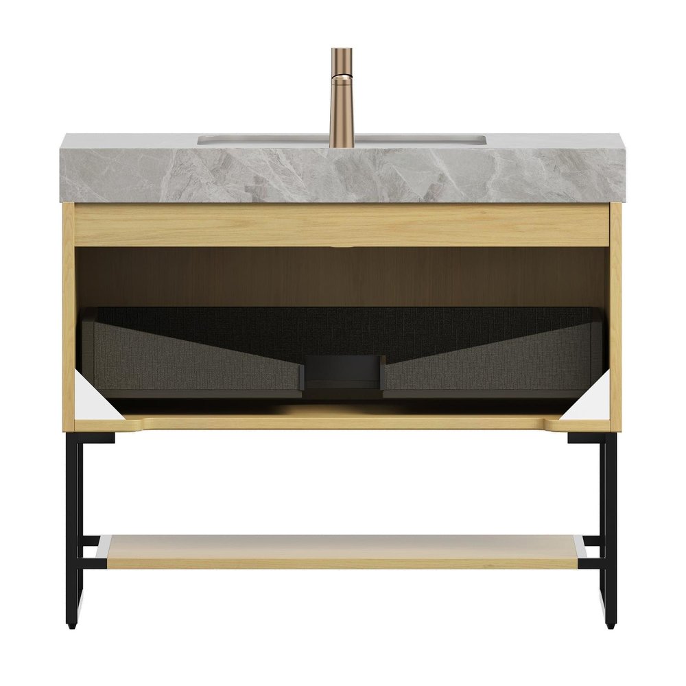 36" Brown Wood Freestanding Bathroom Vanity With White Sink