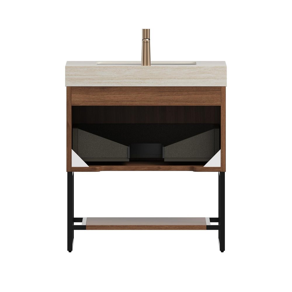 30" Brown Wood Freestanding Bathroom Vanity With White Sink