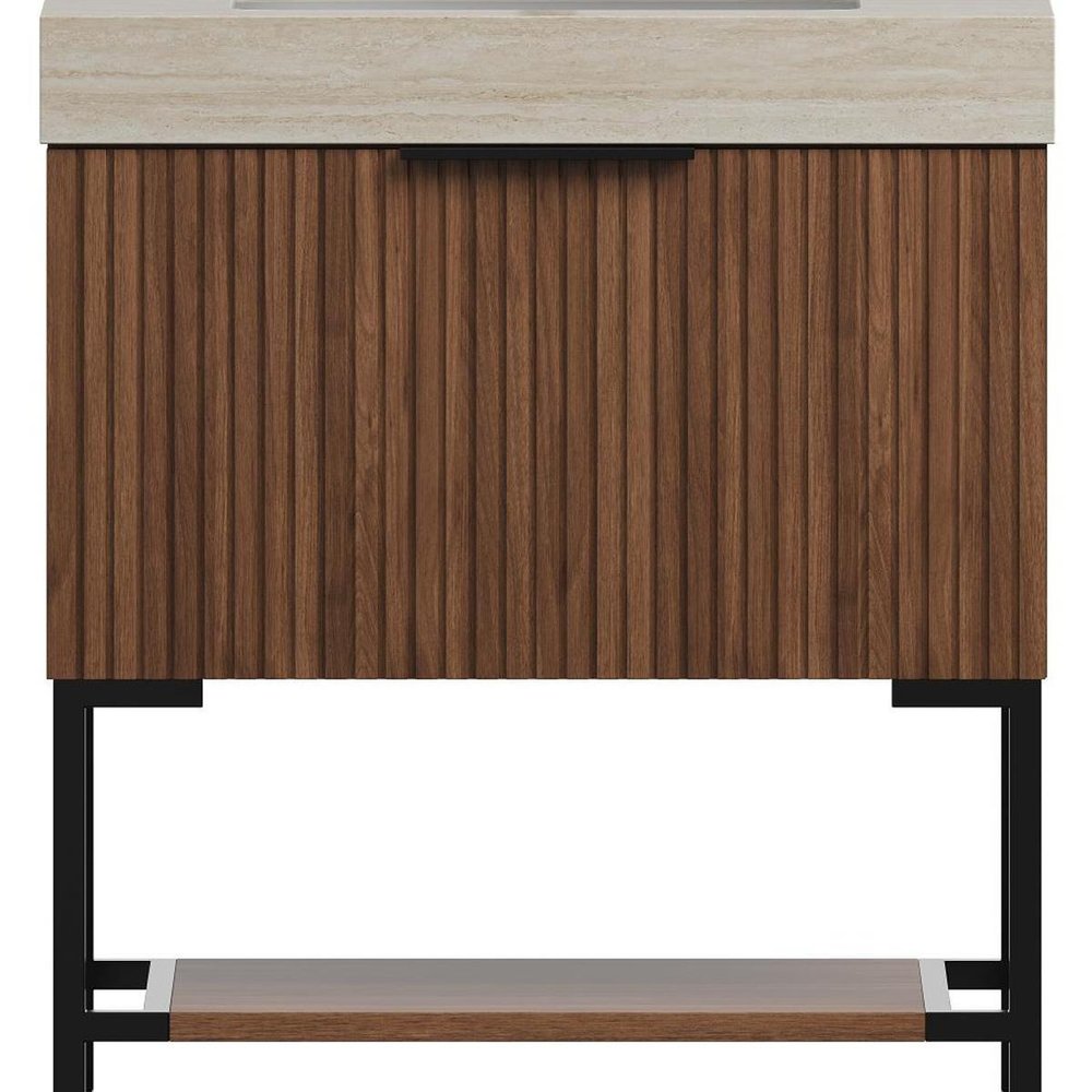 30" Brown Wood Freestanding Bathroom Vanity With White Sink