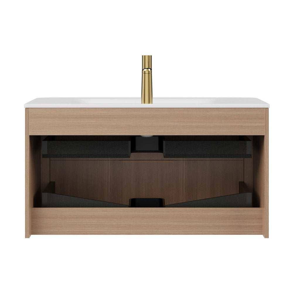 36" Brown Wood Floating Bathroom Vanity With White Sink And Two Drawers