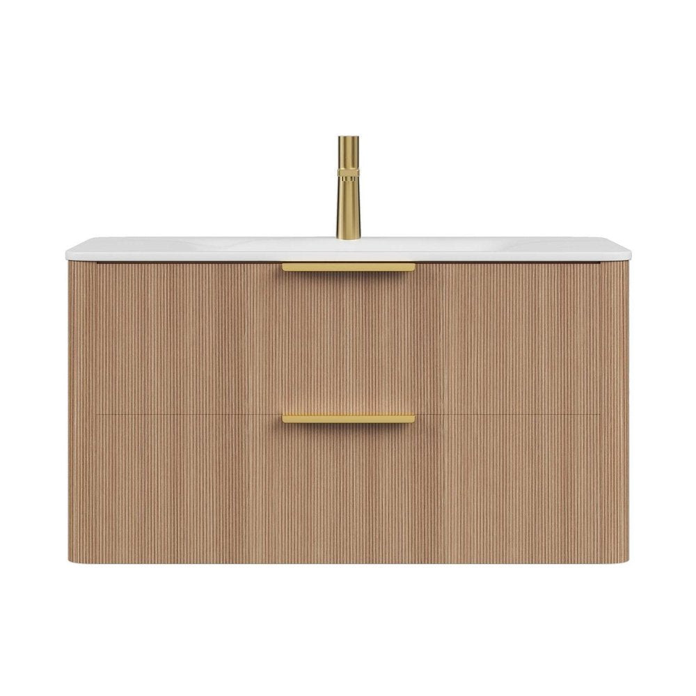 36" Brown Wood Floating Bathroom Vanity With White Sink And Two Drawers