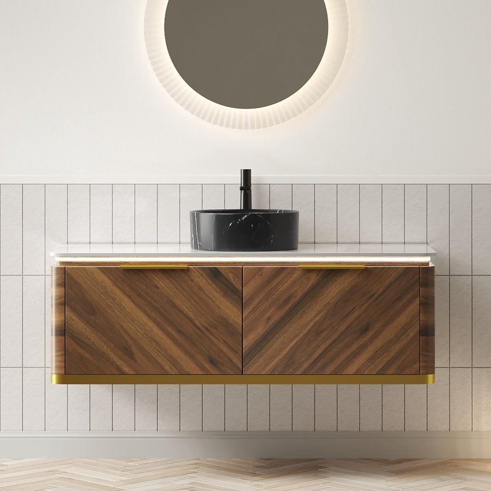 48" Brown Wood Floating Bathroom Vanity With Black Sink And Two Drawers