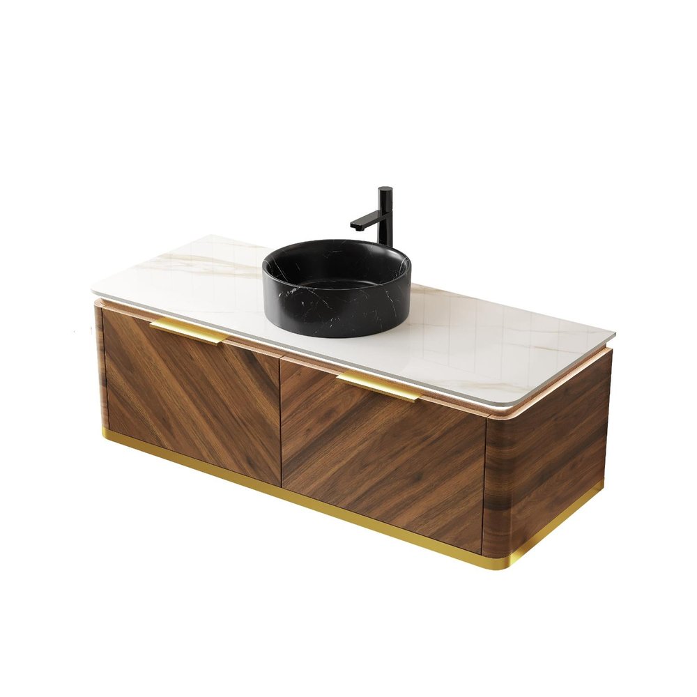 48" Brown Wood Floating Bathroom Vanity With Black Sink And Two Drawers