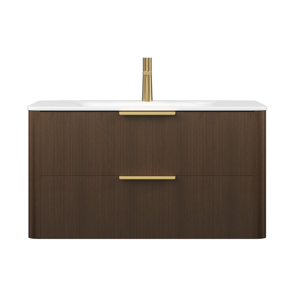 36" Brown Wood Floating Bathroom Vanity With White Sink And Two Drawers