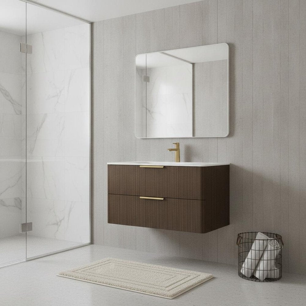 36" Brown Wood Floating Bathroom Vanity With White Sink And Two Drawers