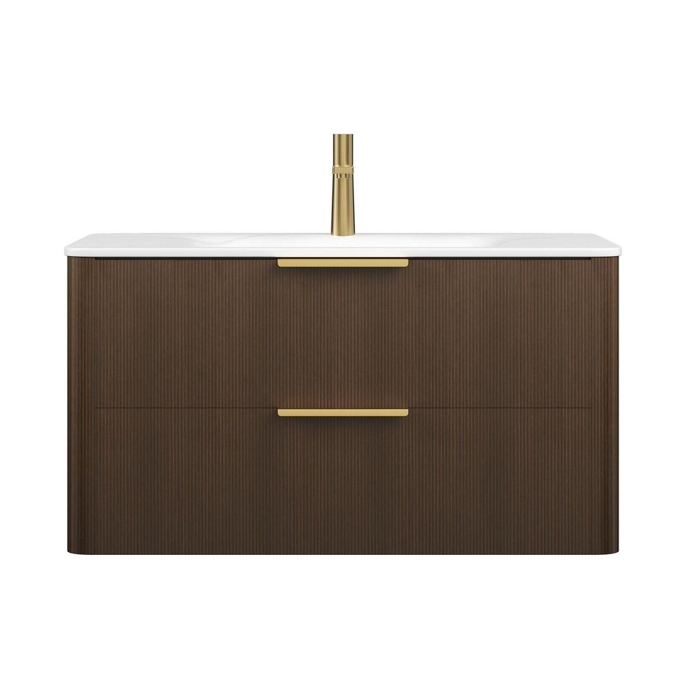 36" Brown Wood Floating Bathroom Vanity With White Sink And Two Drawers