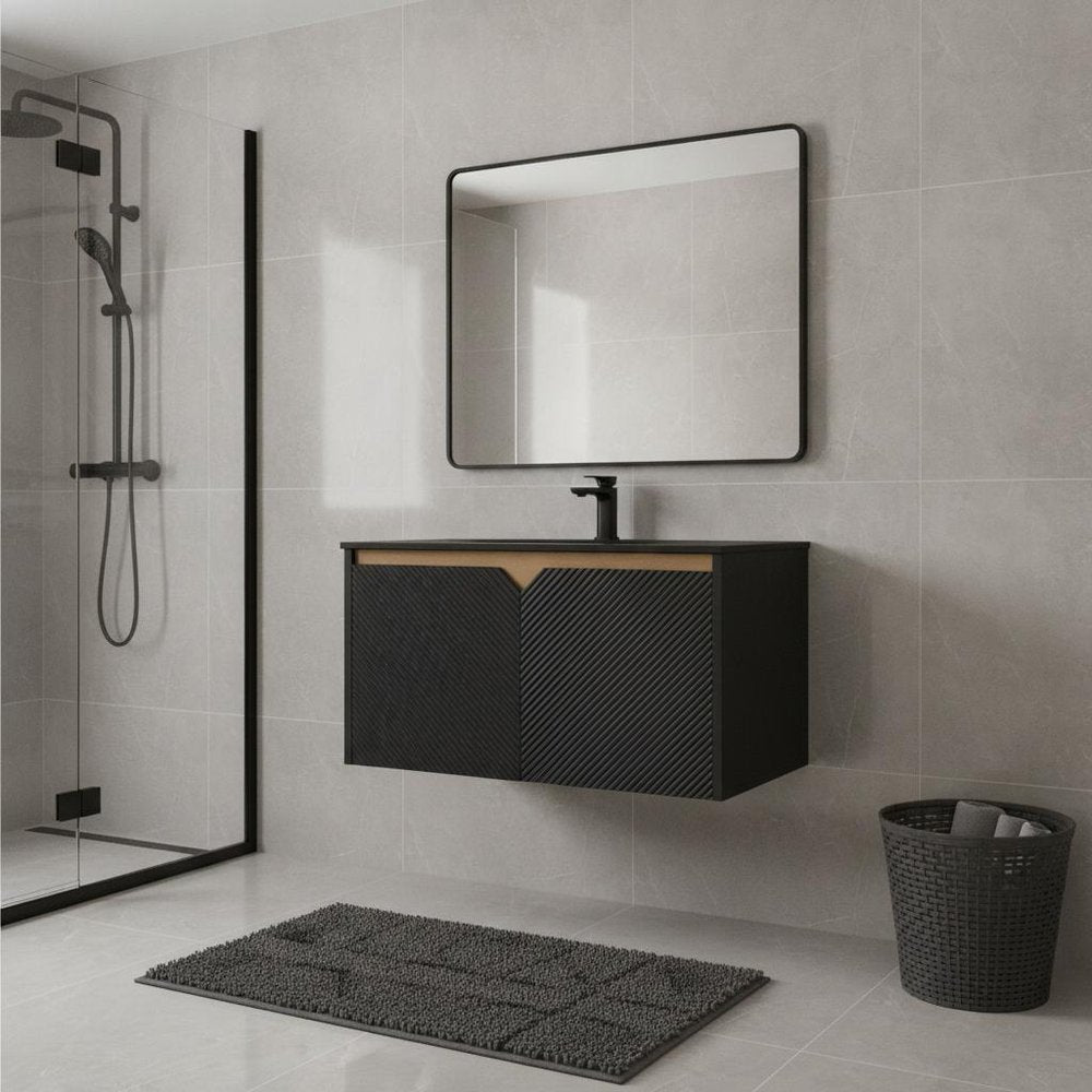 30" Black Wood Floating Double Door Bathroom Vanity