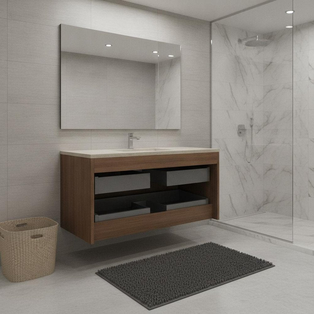 35" Brown Wood Floating Bathroom Vanity And Two Drawers