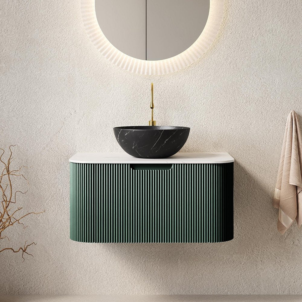 30" Green Wood Floating Bathroom Vanity With Black Sink