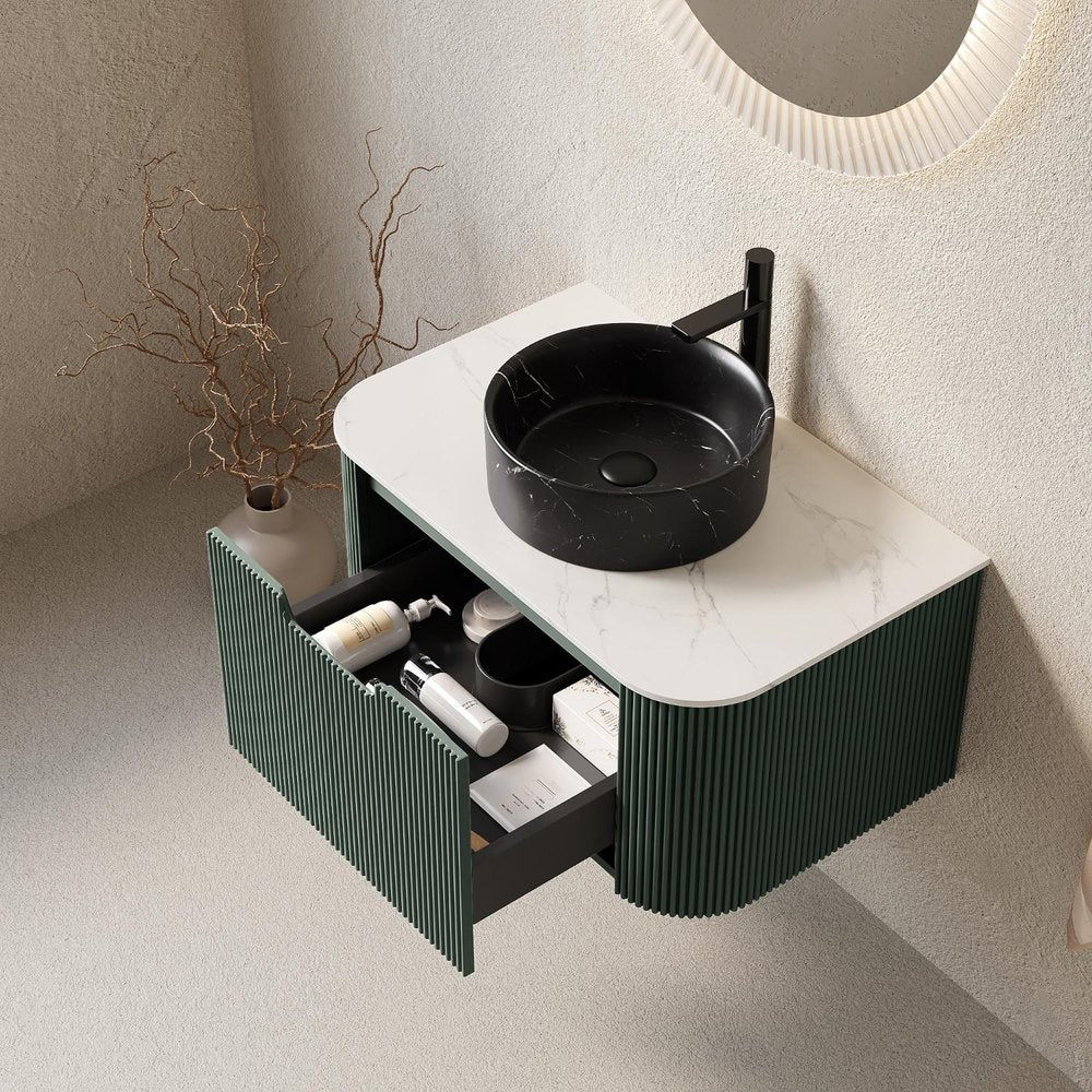 30" Green Wood Floating Bathroom Vanity With Black Sink