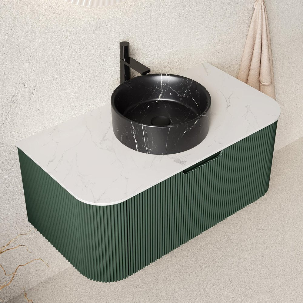 36" Green Wood Floating Bathroom Vanity With Black Sink