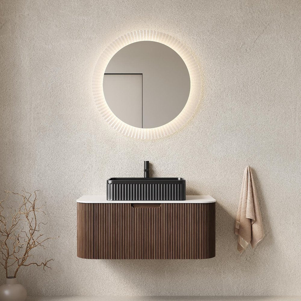 36" Brown Wood Floating Bathroom Vanity With Black Sink