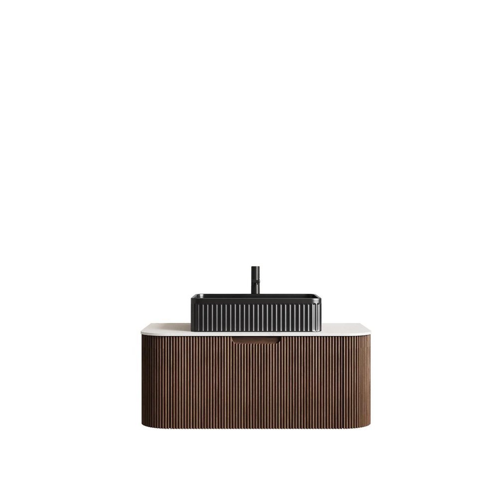 36" Brown Wood Floating Bathroom Vanity With Black Sink