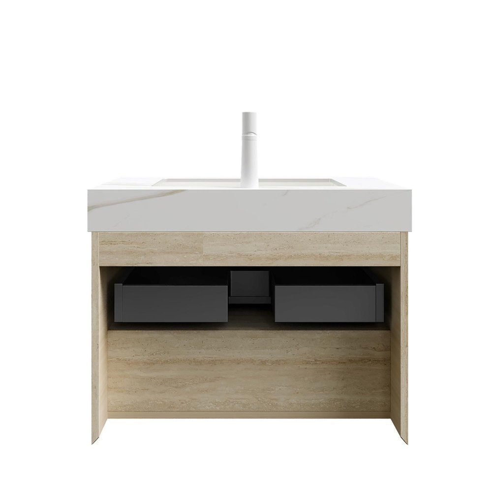 30" Brown Wood Floating Bathroom Vanity With White Sink