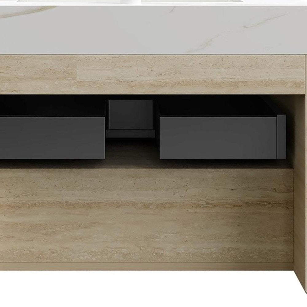 30" Brown Wood Floating Bathroom Vanity With White Sink
