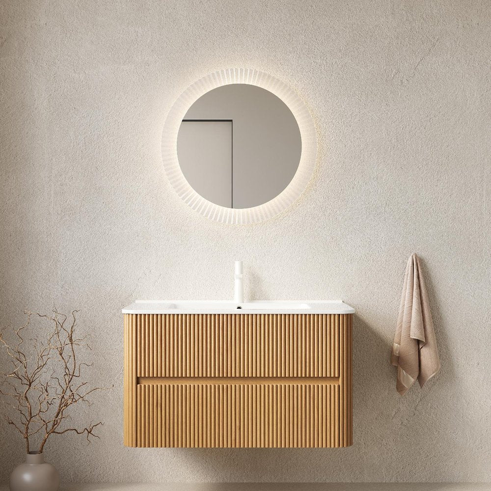 36" Brown Wood Floating Bathroom Vanity With White Sink And Two Drawers