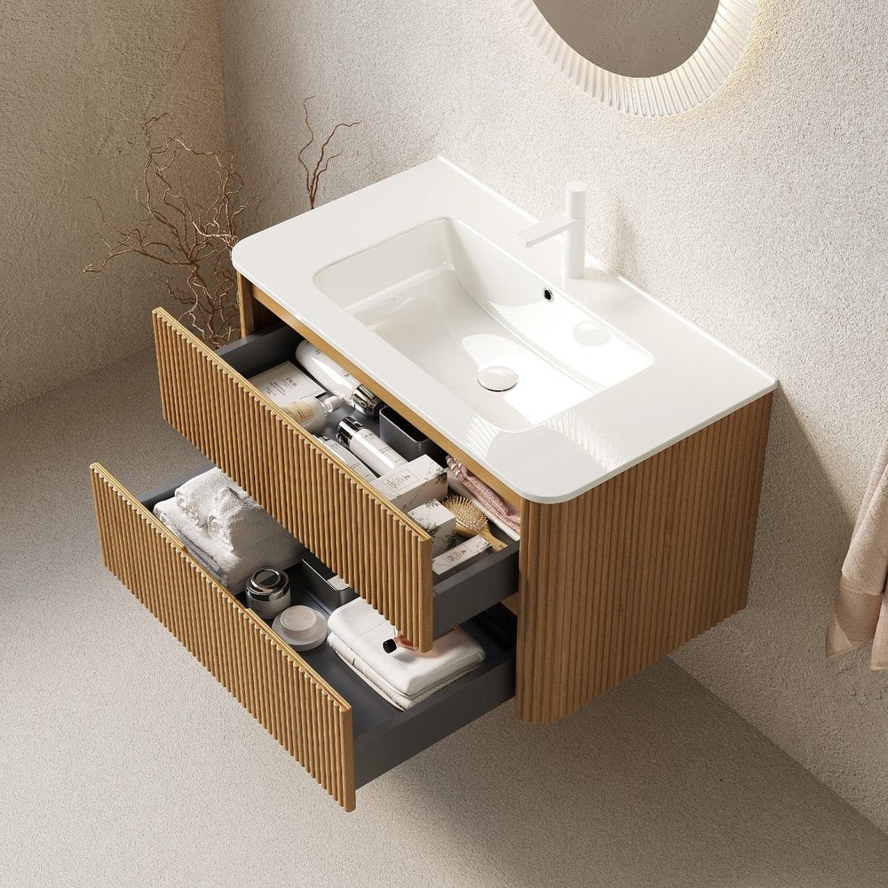 36" Brown Wood Floating Bathroom Vanity With White Sink And Two Drawers