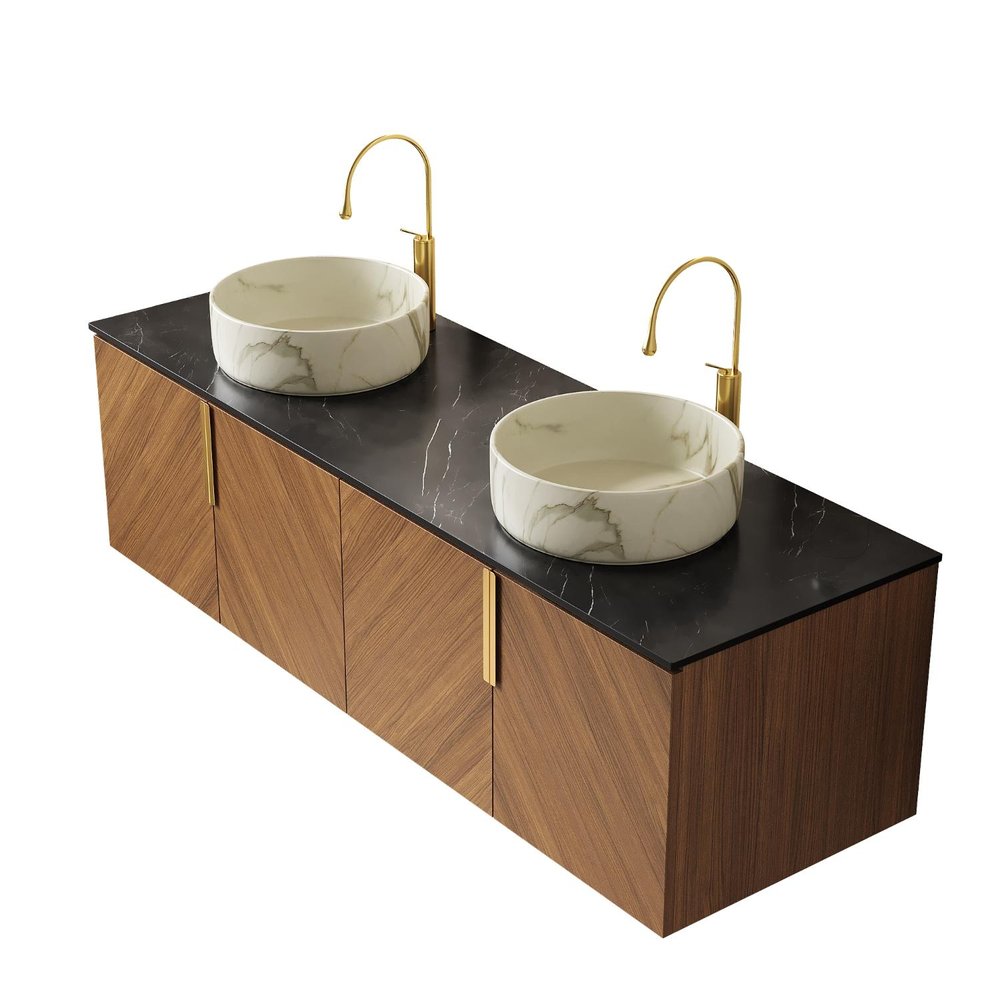 60" Brown Wood Floating Four Door Bathroom Vanity