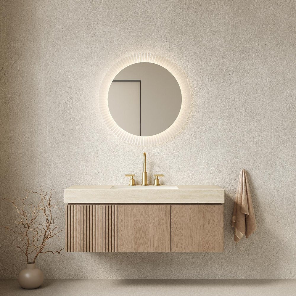 48" Brown Wood Floating Double Door Bathroom Vanity With White Sink