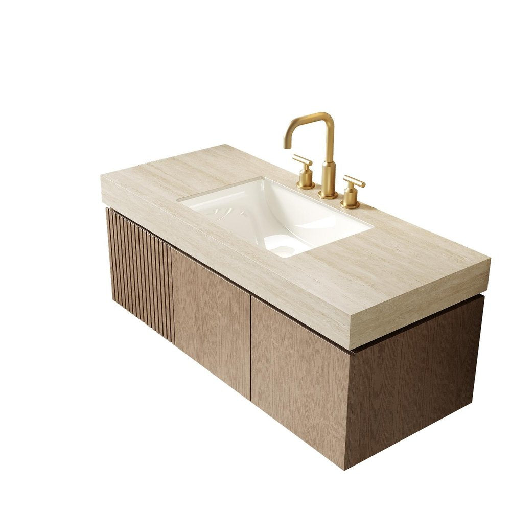 48" Brown Wood Floating Double Door Bathroom Vanity With White Sink