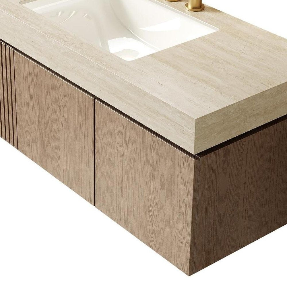 48" Brown Wood Floating Double Door Bathroom Vanity With White Sink