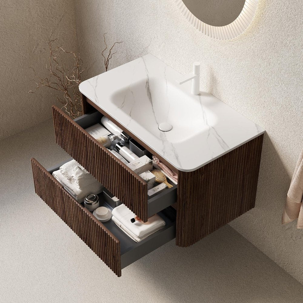 36" Brown Wood Floating Bathroom Vanity With White Sink And Two Drawers