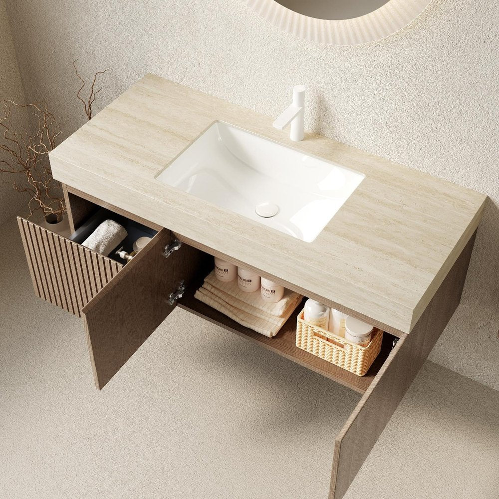 48" Brown Wood Floating Double Door Bathroom Vanity With White Sink