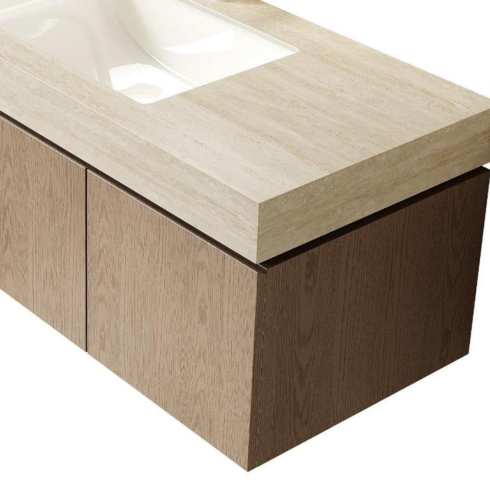 48" Brown Wood Floating Double Door Bathroom Vanity With White Sink