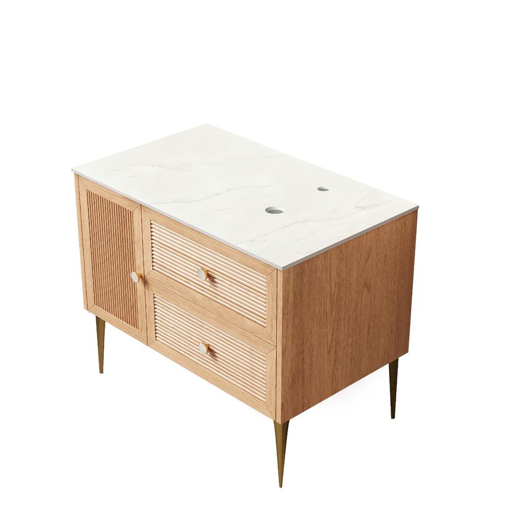 36" Brown Wood Floating Single Door Bathroom Vanity And Two Drawers