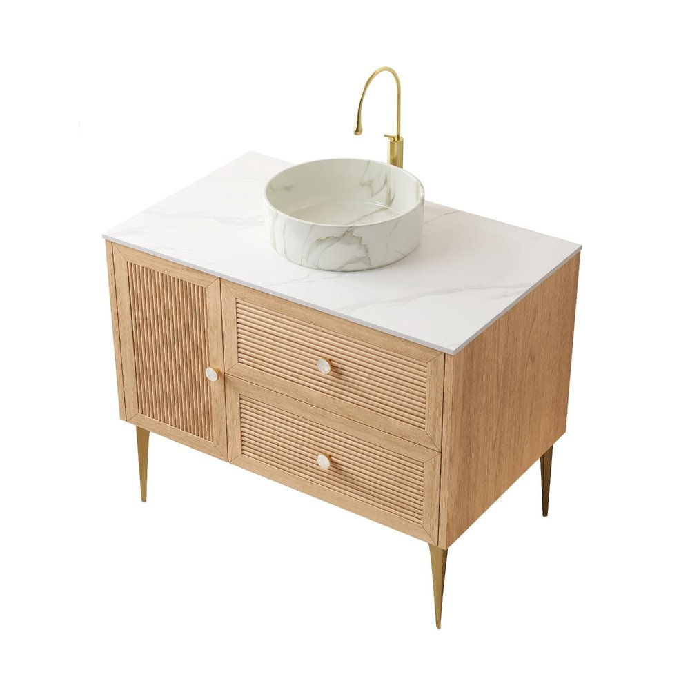 36" Brown Wood Floating Single Door Bathroom Vanity And Two Drawers