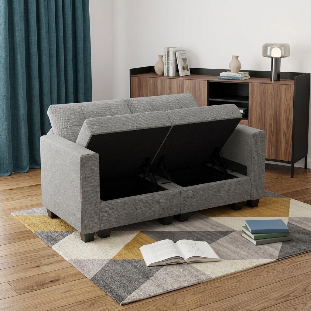 64" Light Gray And Black Linen Blend Loveseat With Storage
