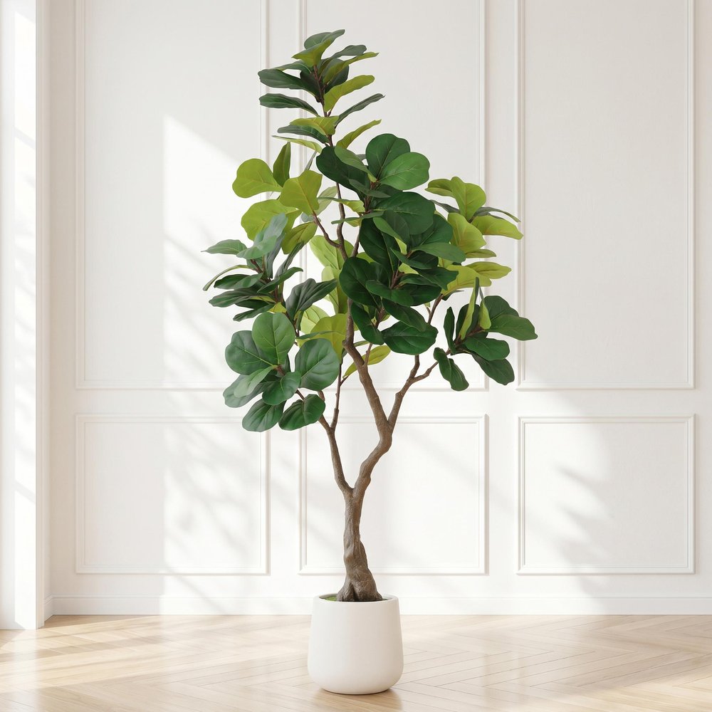 72" Green Artificial Fiddle Leaf Tree In Round White Pot
