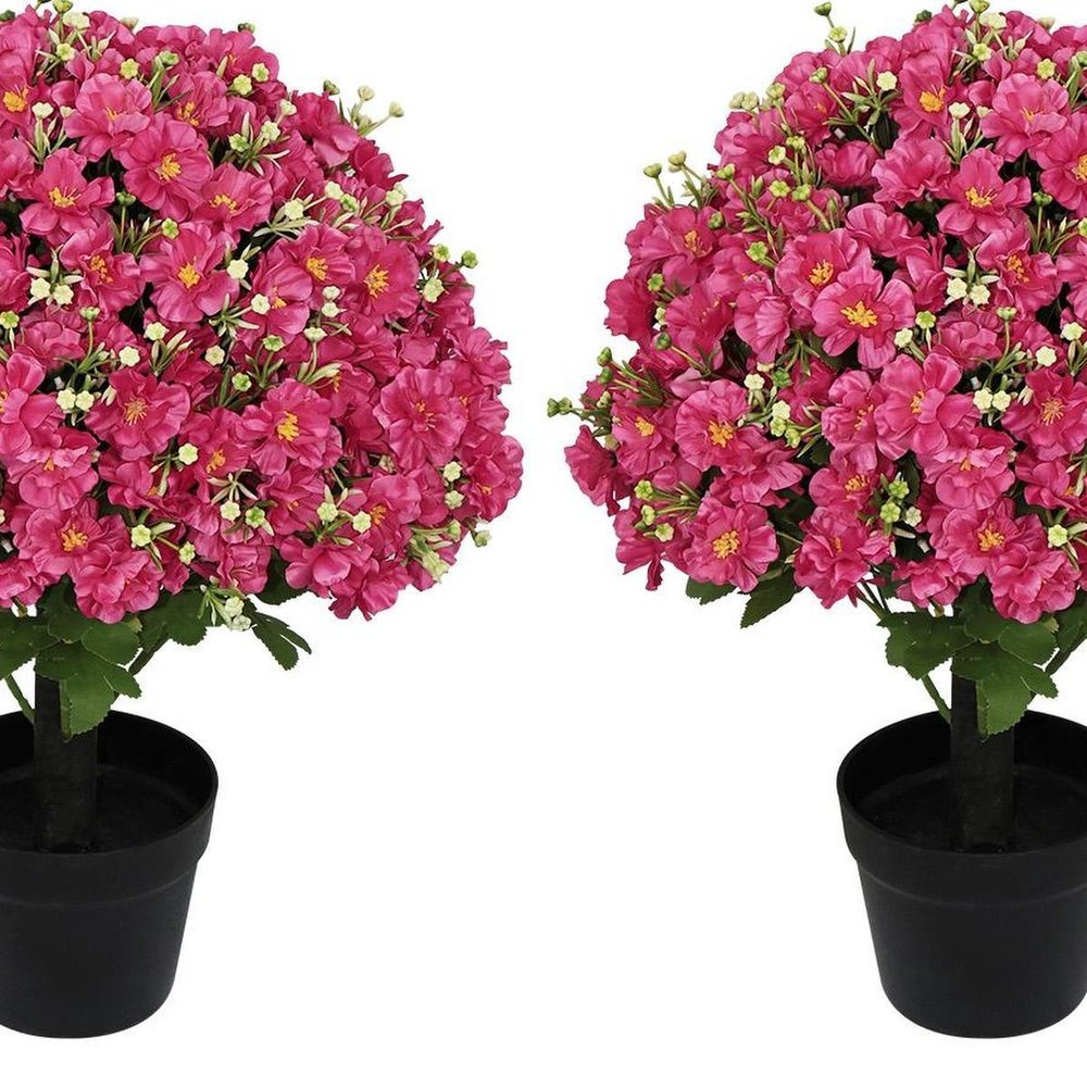Set of Two 24" Red Artificial Flowering Tree In Round Black Pot