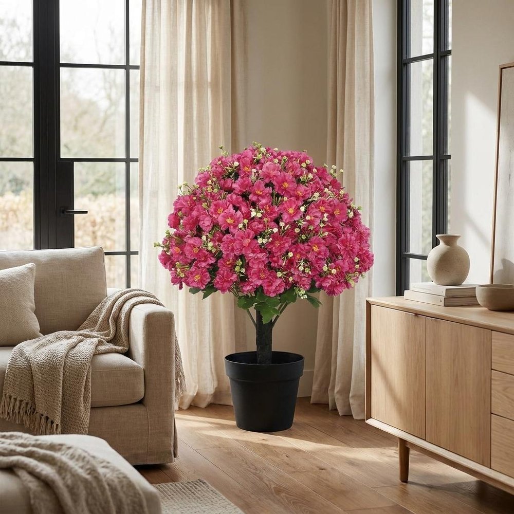 Set of Two 24" Red Artificial Flowering Tree In Round Black Pot