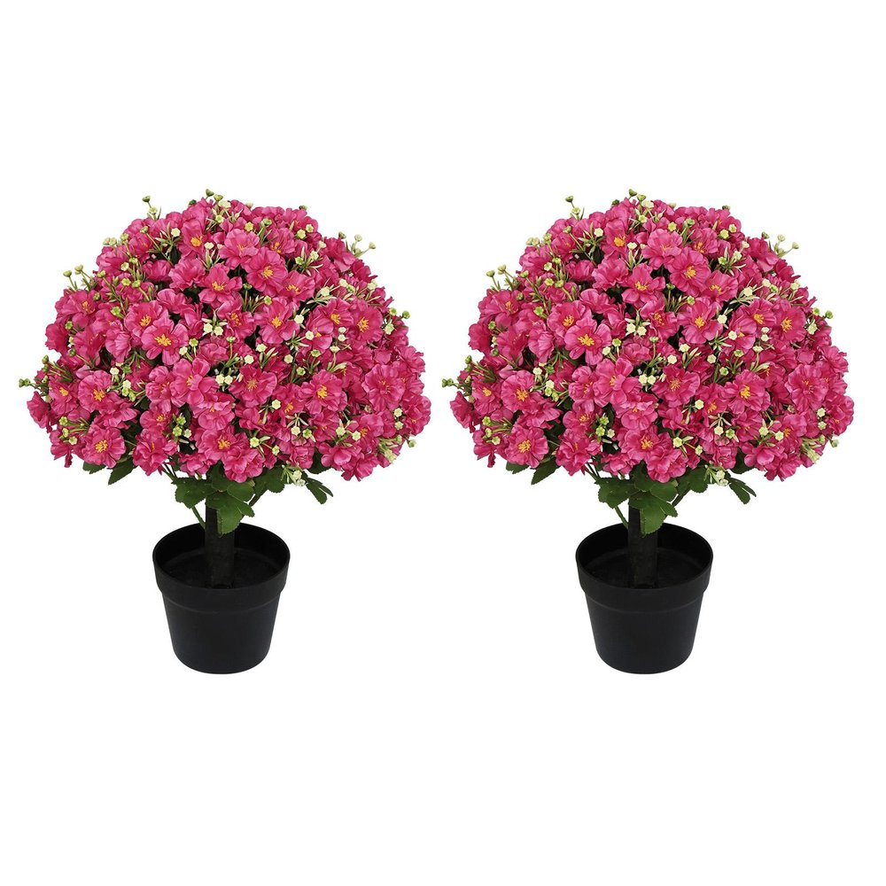 Set of Two 24" Red Artificial Flowering Tree In Round Black Pot