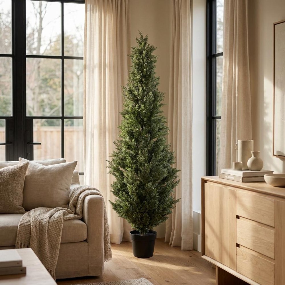 60" Green Artificial Cypress Tree In Round Black Pot