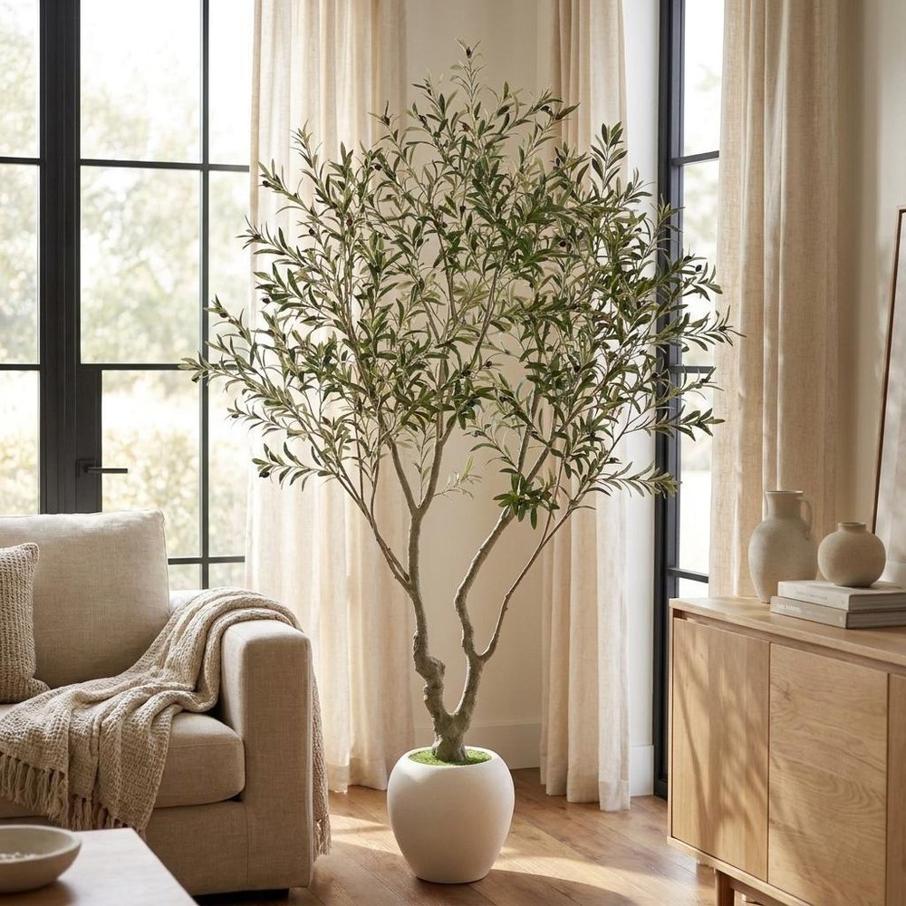 96" Green Artificial Olive Tree In Round White Pot