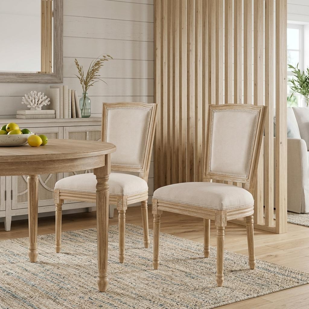 Set of Two Beige And Natural Linen And Solid Wood Dining Side Chairs
