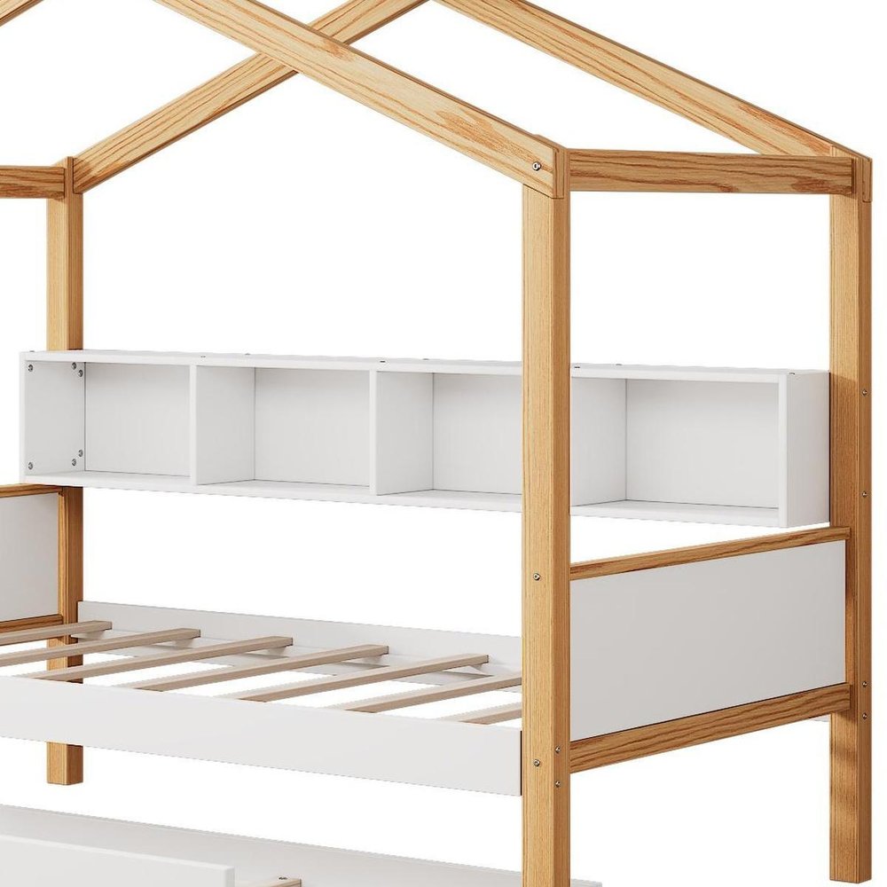 White And Natural Solid Wood Twin House Bed