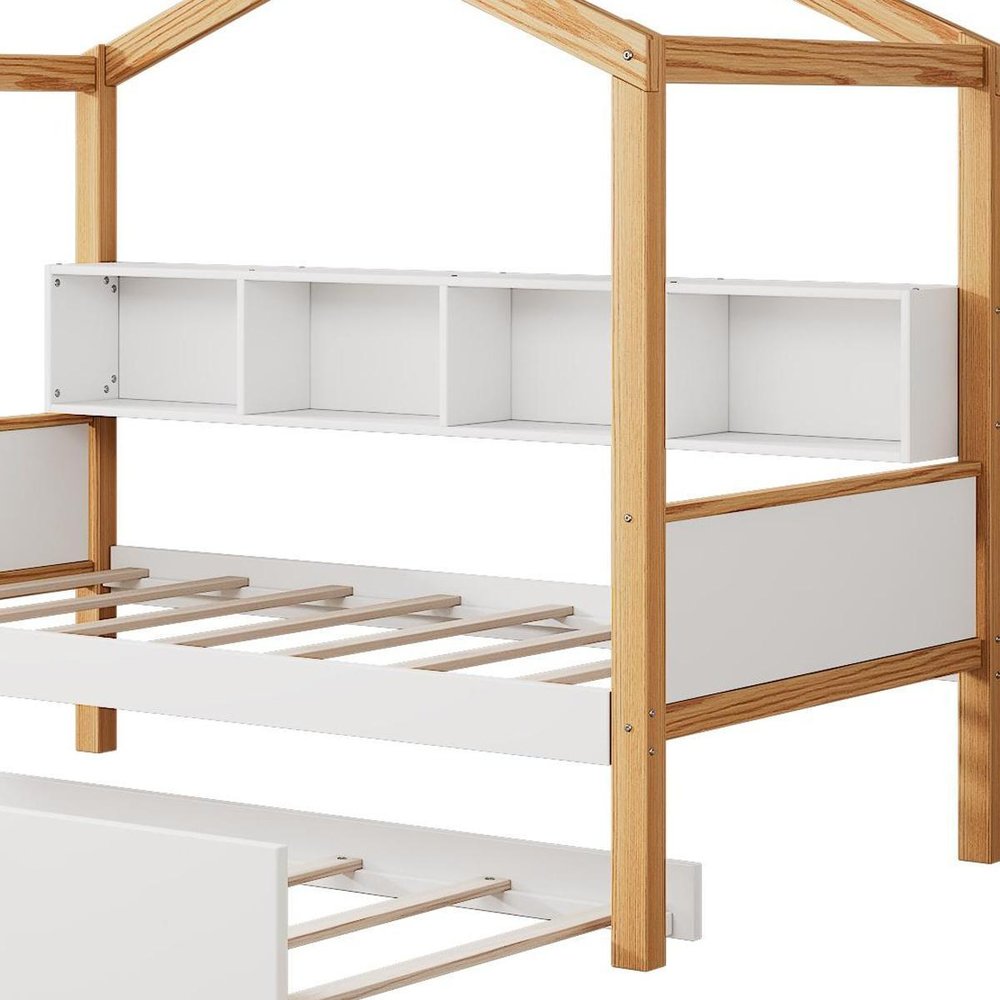 White And Natural Solid Wood Twin House Bed