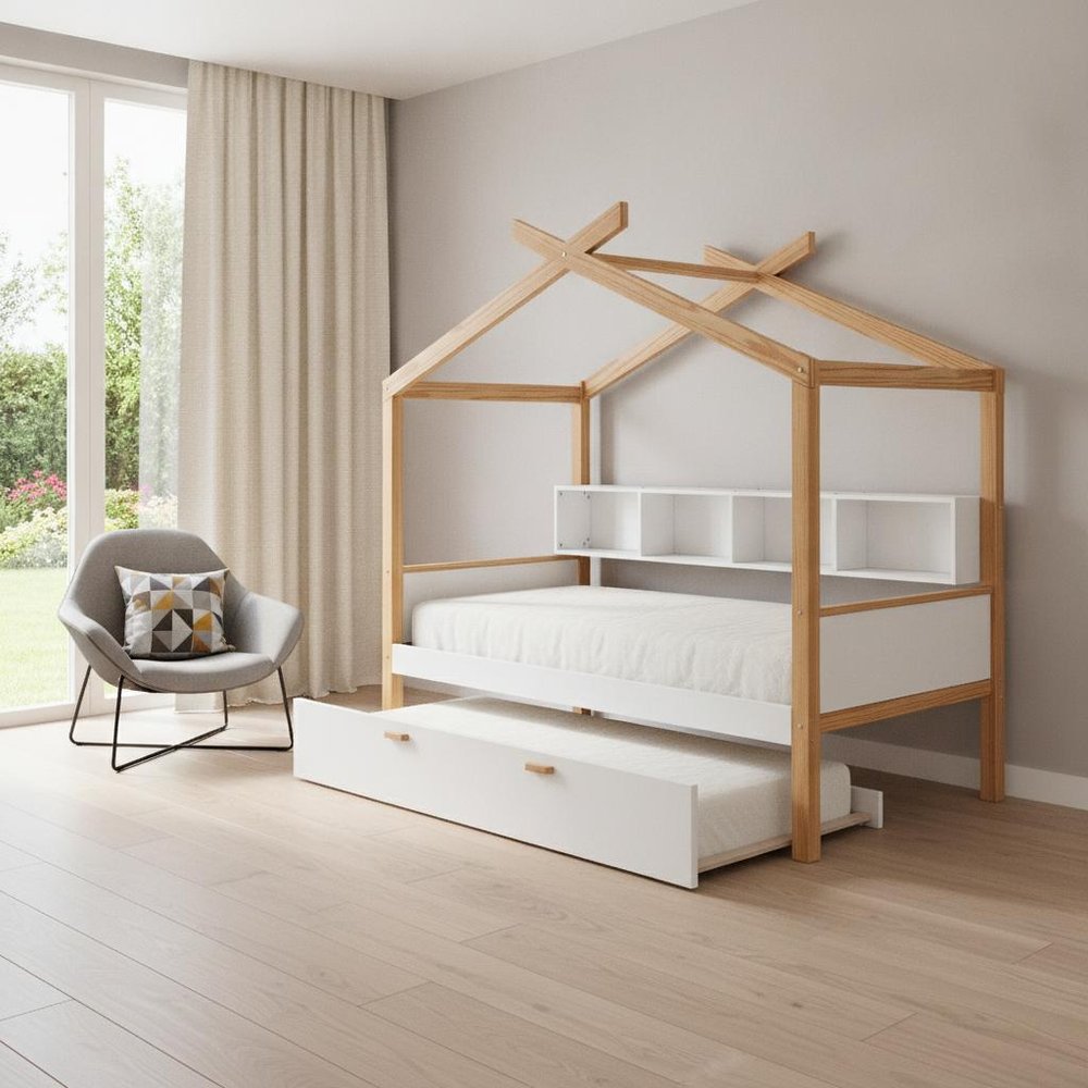 White And Natural Solid Wood Twin House Bed