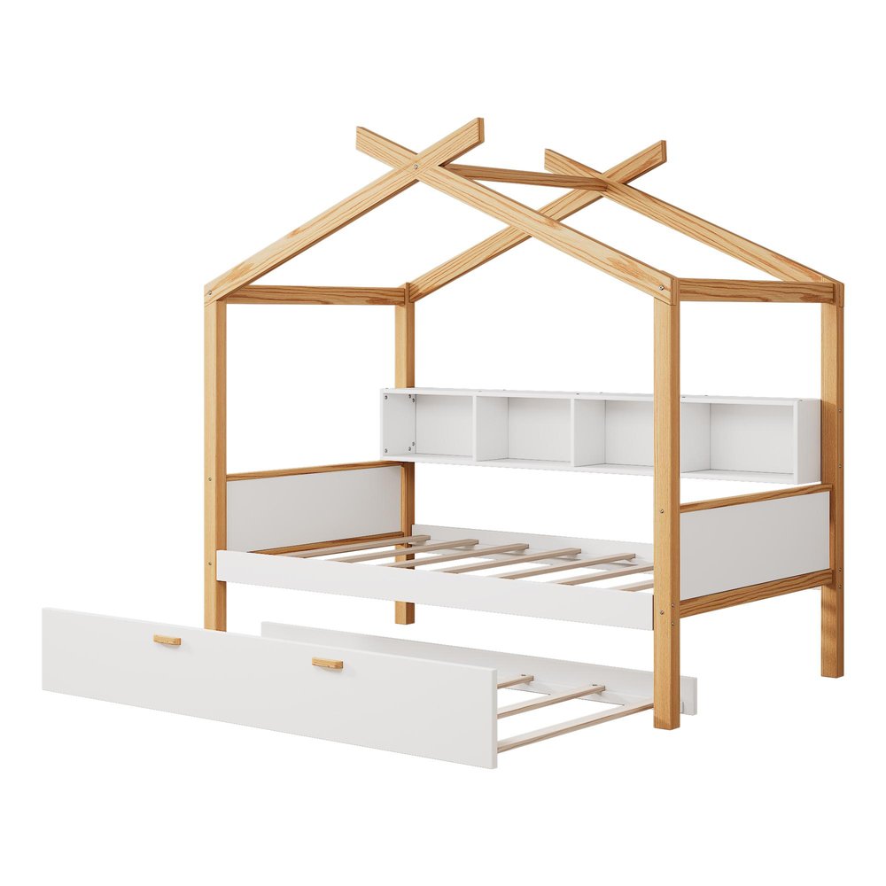 White And Natural Solid Wood Twin House Bed