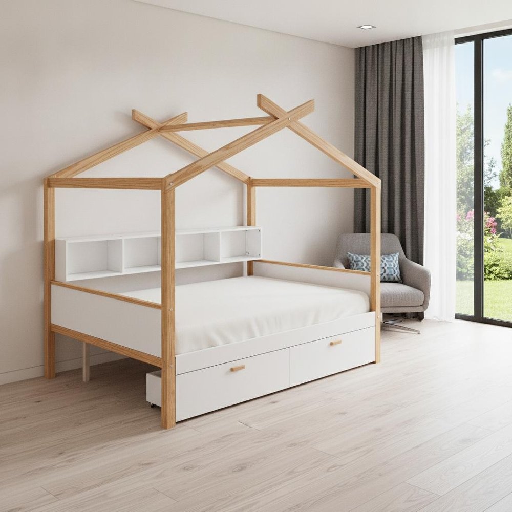 Natural Solid Wood Full House Bed
