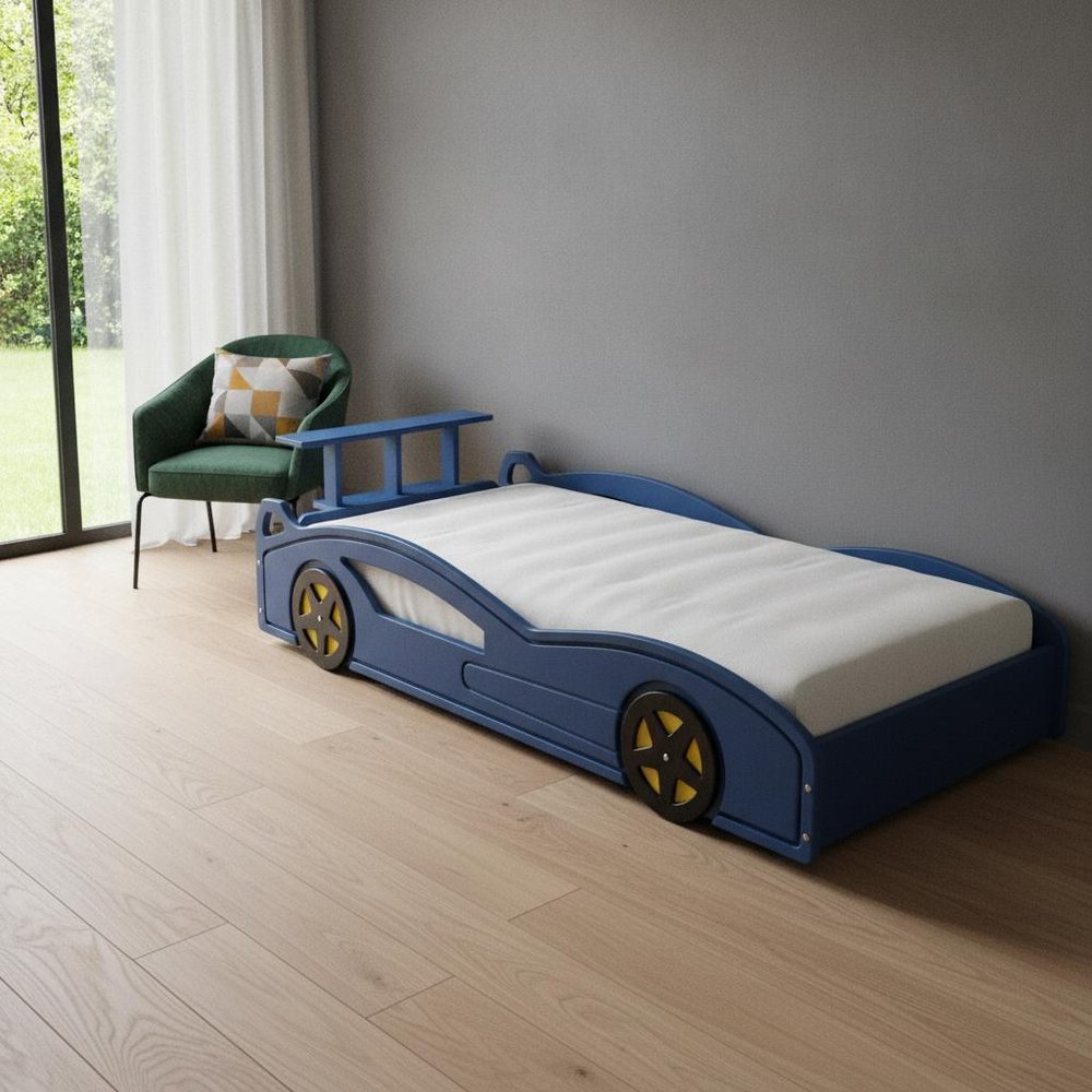 Blue And Yellow Solid Wood Twin Race Car Bed