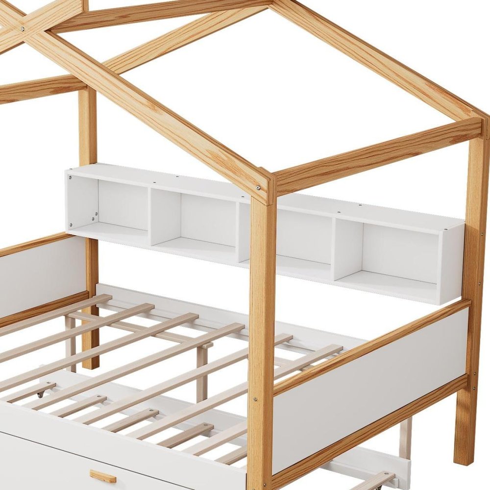 Natural And White Solid Wood Full House Bed