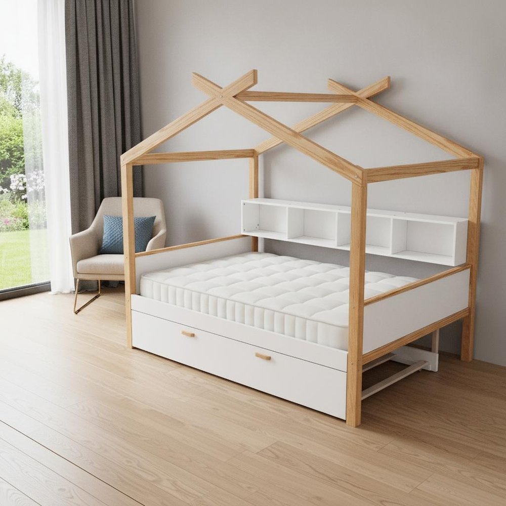 Natural And White Solid Wood Full House Bed