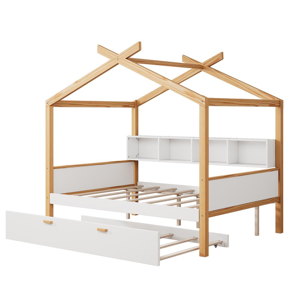 Natural And White Solid Wood Full House Bed