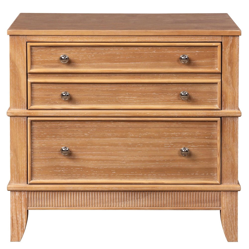Set of Two 26" Natural Solid Wood Ribbed Texture Three Drawer Nightstand